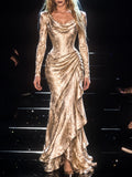Champagne Satin Draped Long Sleeve Maxi Dress