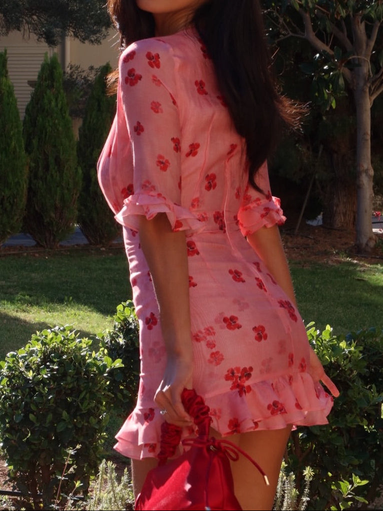 Pink Base Red Floral Deep V-Neck Ruffled Mini Dress