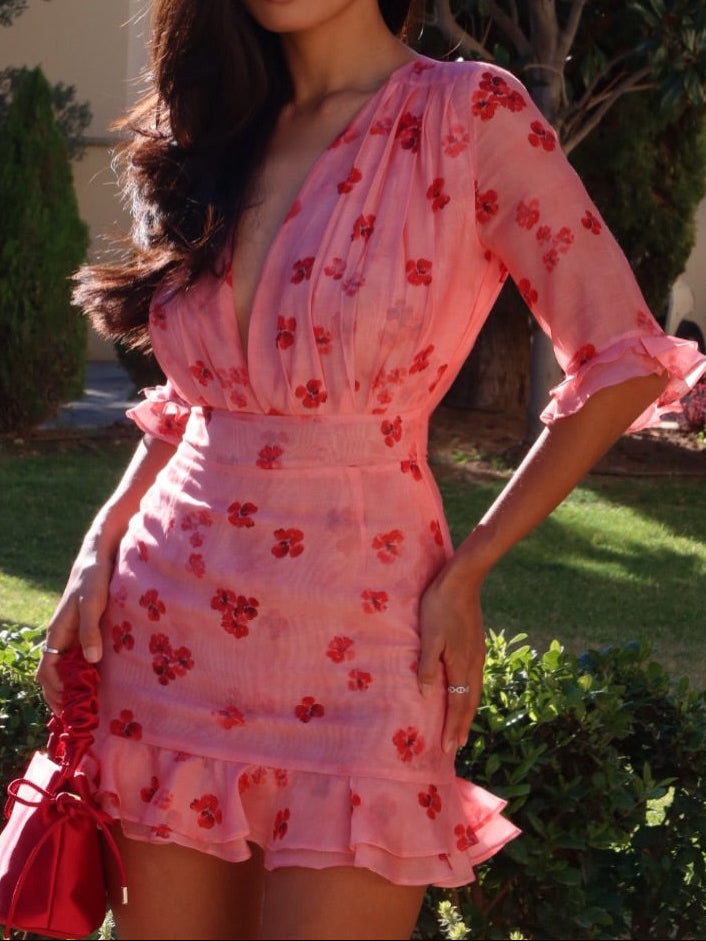 Pink Base Red Floral Deep V-Neck Ruffled Mini Dress