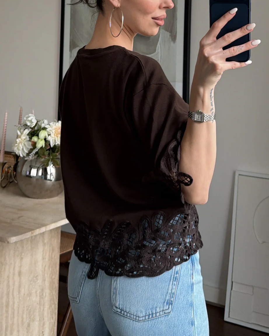 Broderie Anglaise Hem Puff Sleeve Relaxed Crop Top