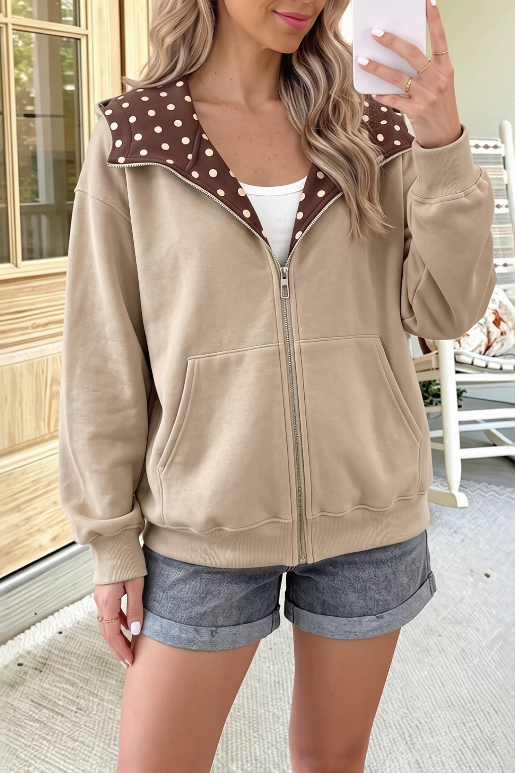 Polka Dot Lined Oversized Zip Hoodie