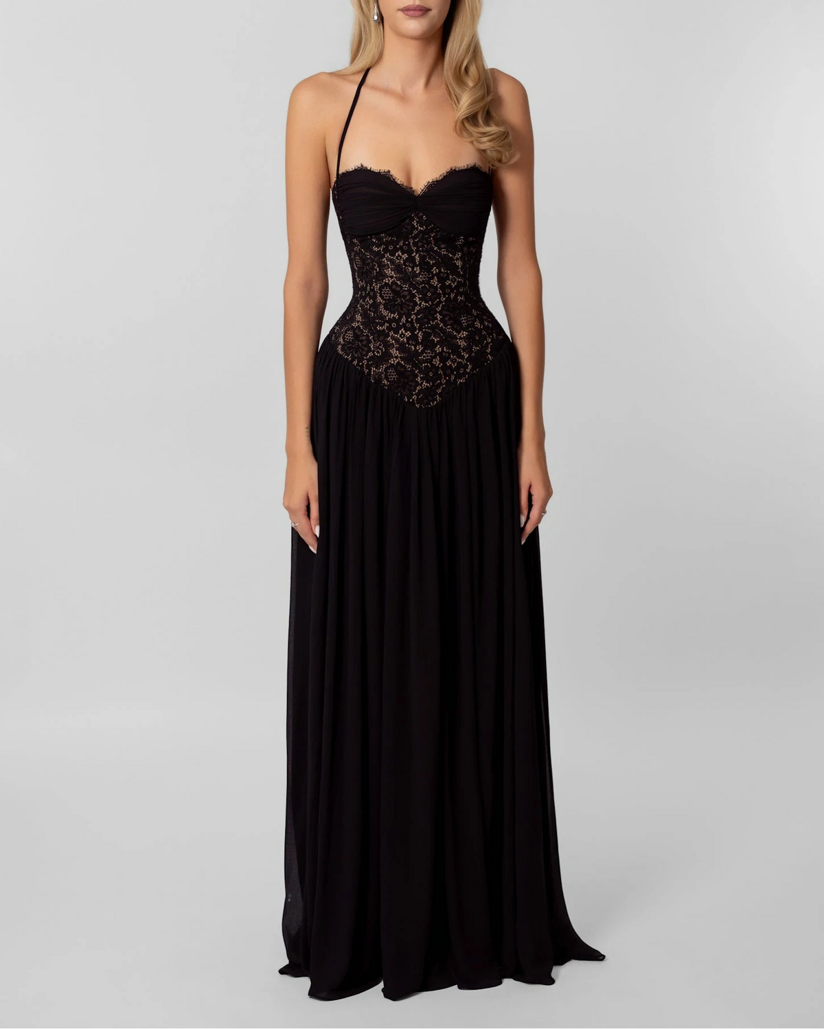 Eyelash Lace Corset Lace-Up Back Chiffon Maxi Dress