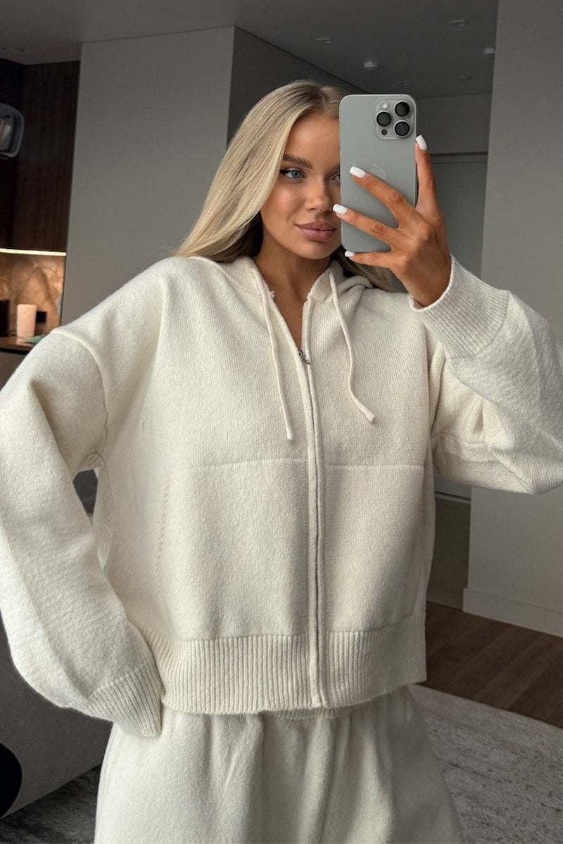 Hooded Zip Knit Top Wide Leg Pants Set
