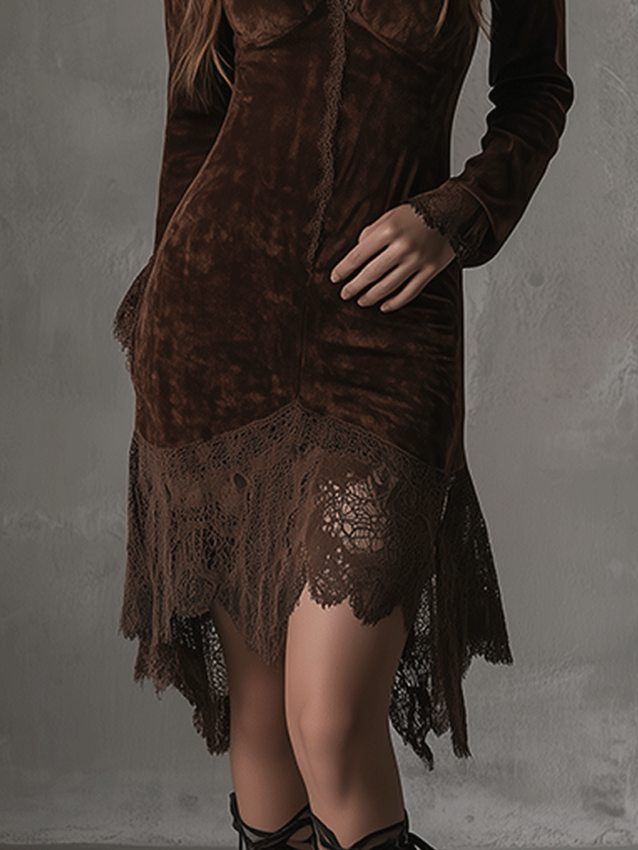 Romantic Velvet Lace Asymmetrical Hem Midi Dress