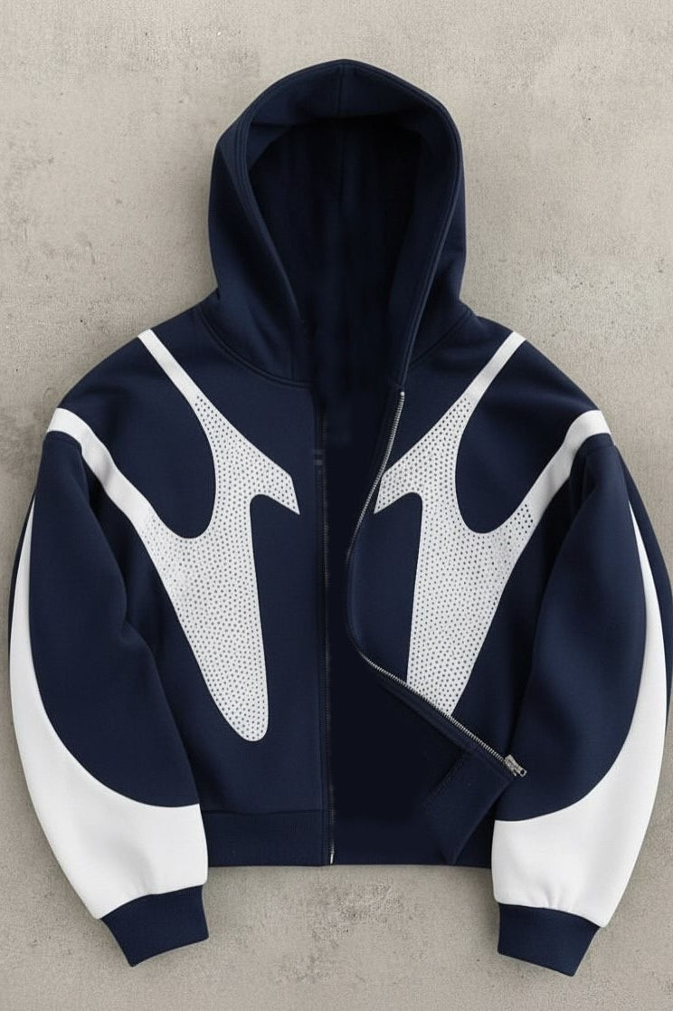 Contrast Rhinestone Zip Hoodie