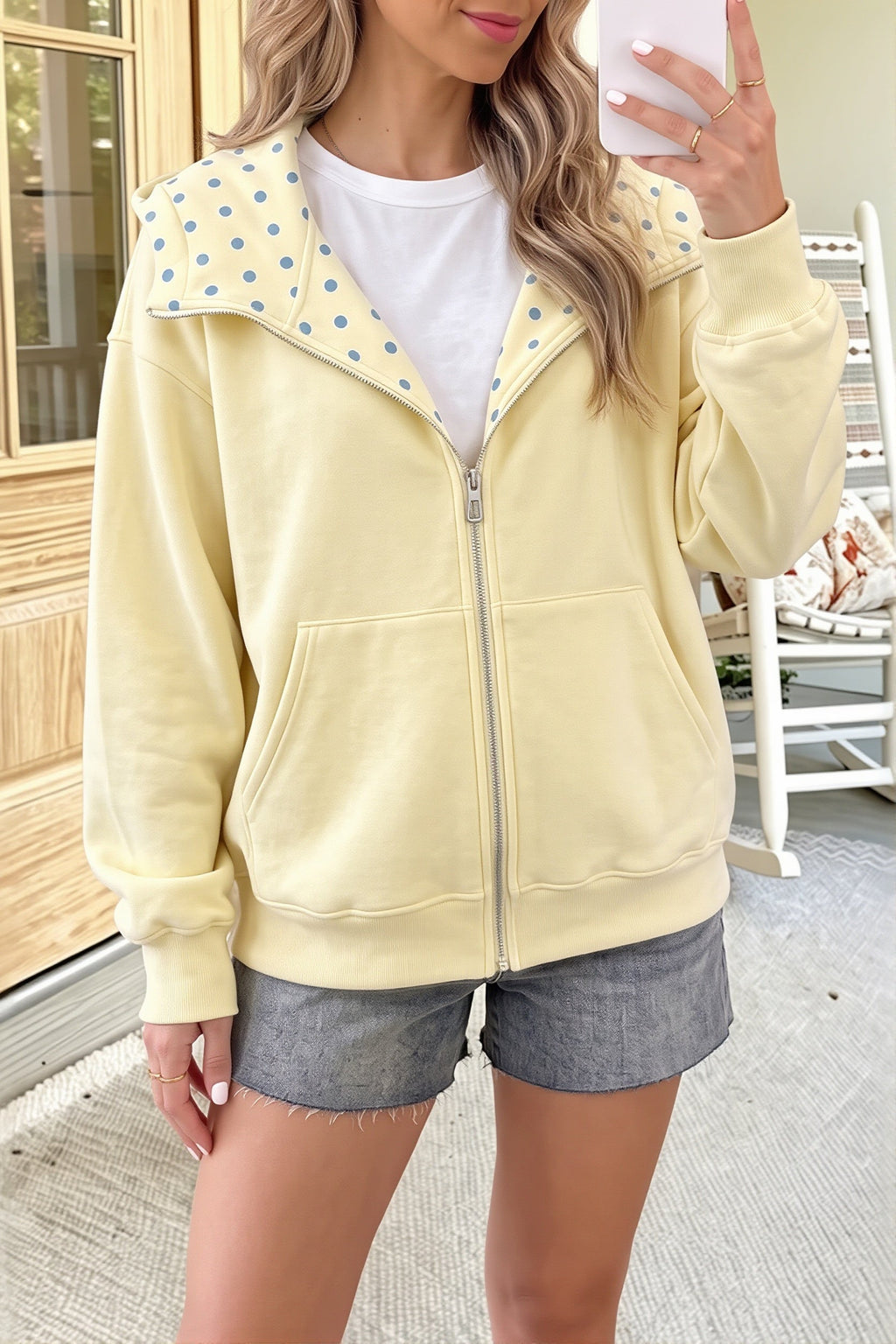 Polka Dot Lined Oversized Zip Hoodie