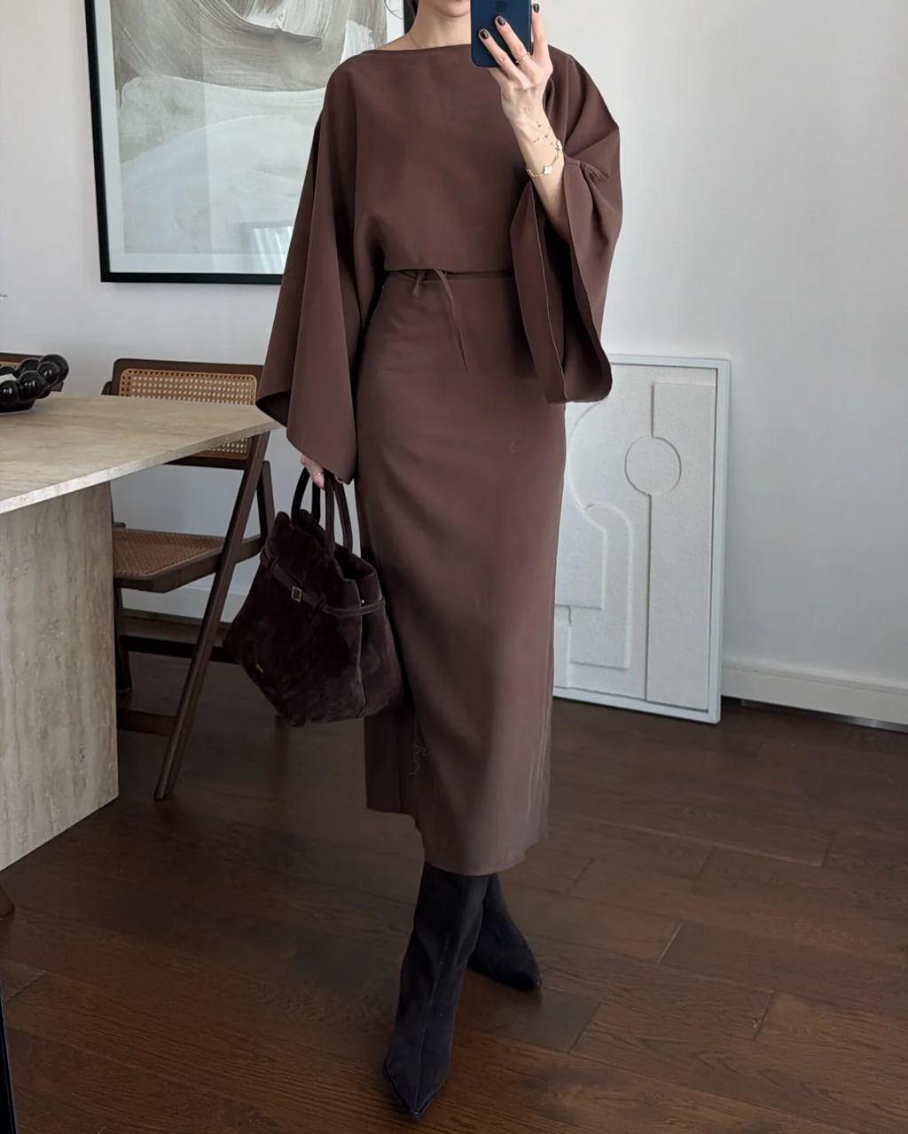Batwing Sleeve Drawstring Waist Midi Dress