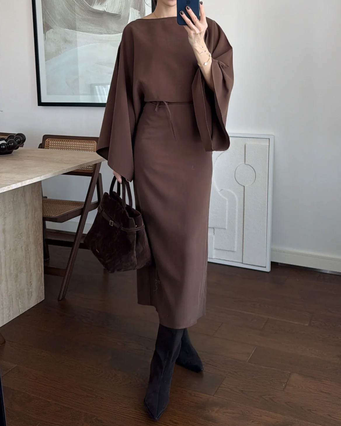 Batwing Sleeve Drawstring Waist Midi Dress