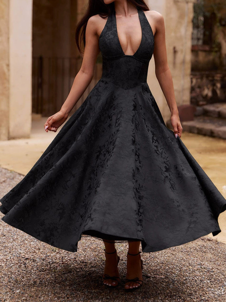 V-neck Halter Jacquard Dress Senior Evening Dress Spring/Summer Elegance Sleeveless Backless Waist Trimming Long Dress