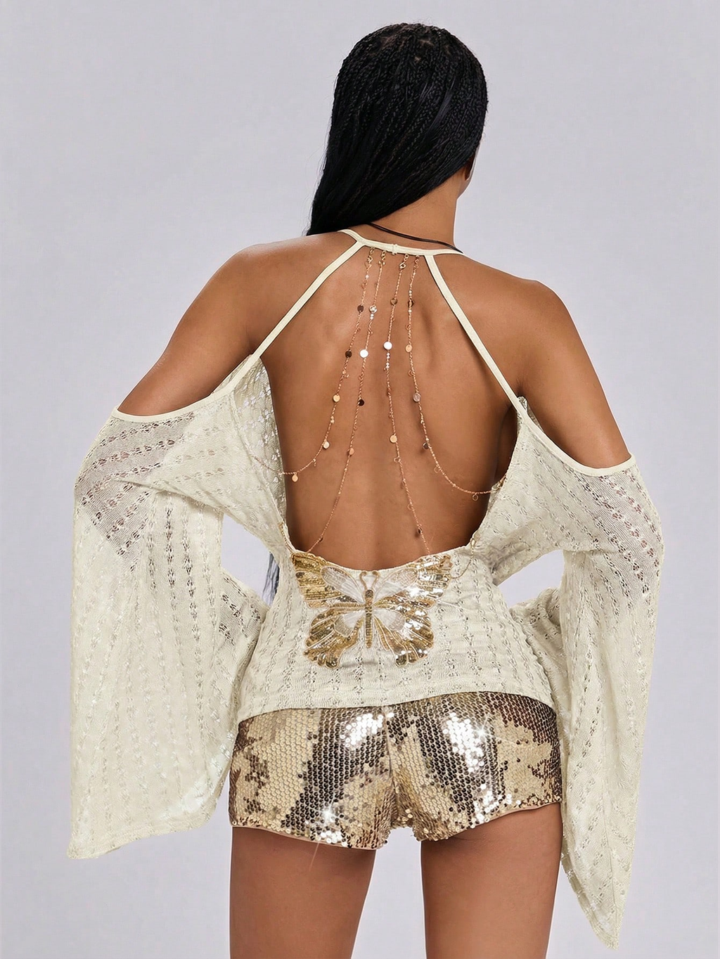 Shimmer Cold Shoulder Cowl Neck Open Back Flare Sleeve Top