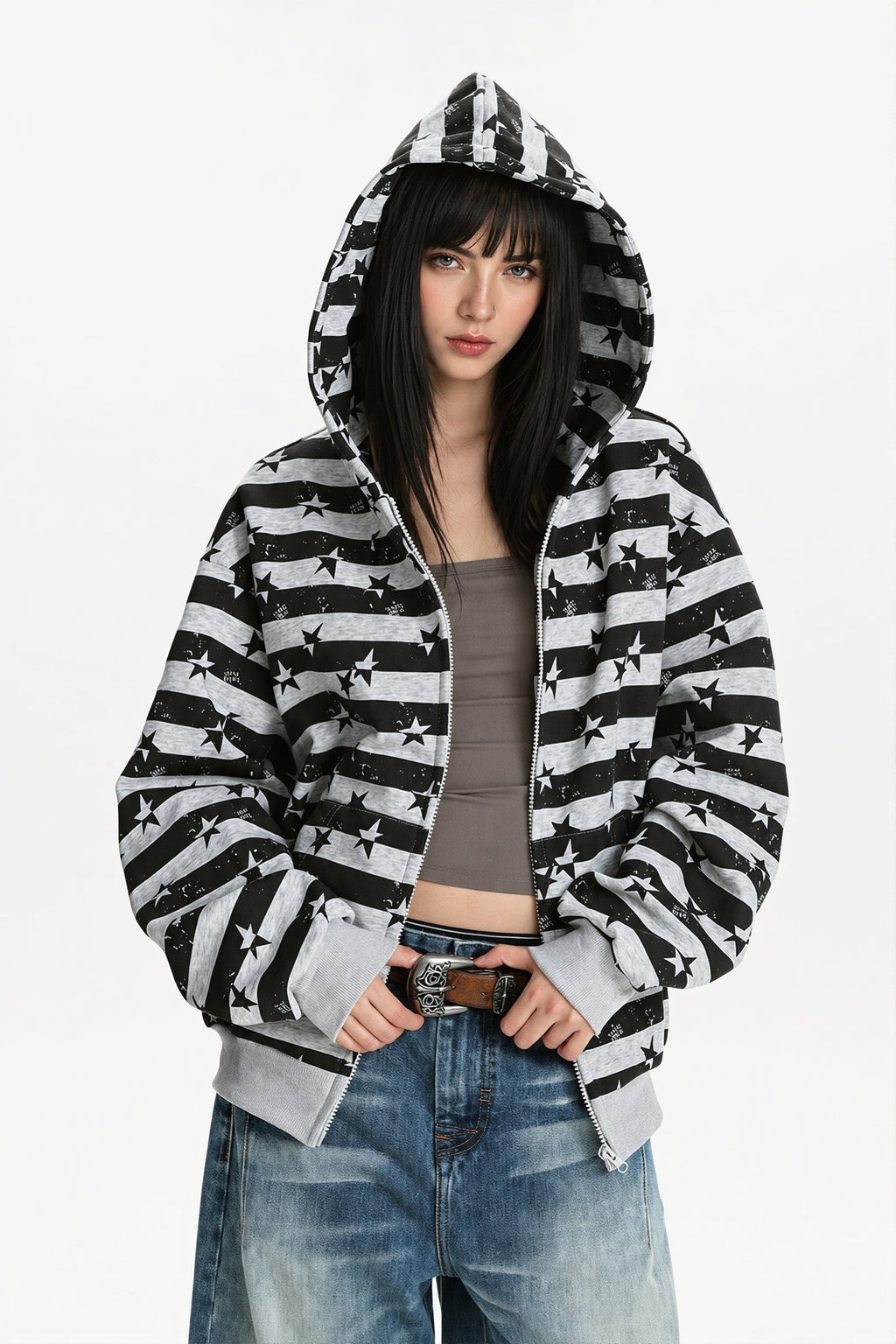 Striped Star Print Zip Hoodie