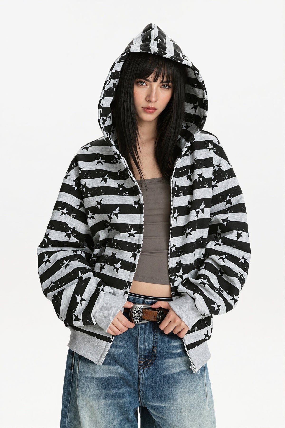 Striped Star Print Zip Hoodie