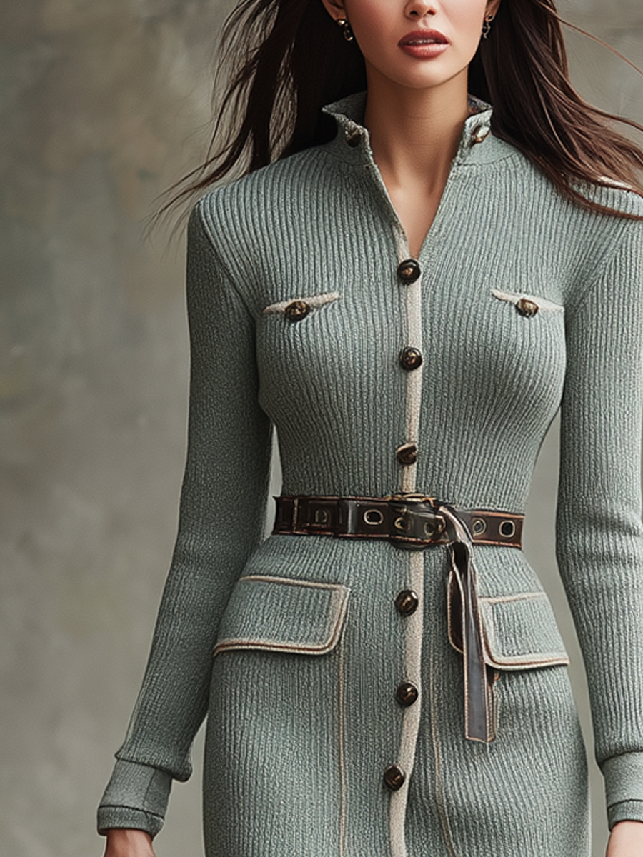Vintage Pocket Contrast Trim Knit Midi Dress