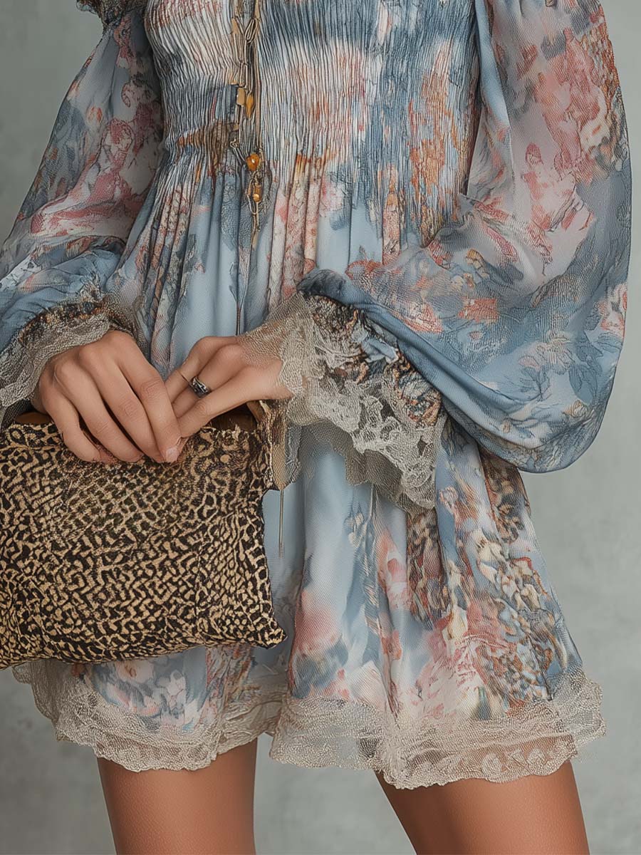 Off-Shoulder Smocked Chiffon Mini Dress