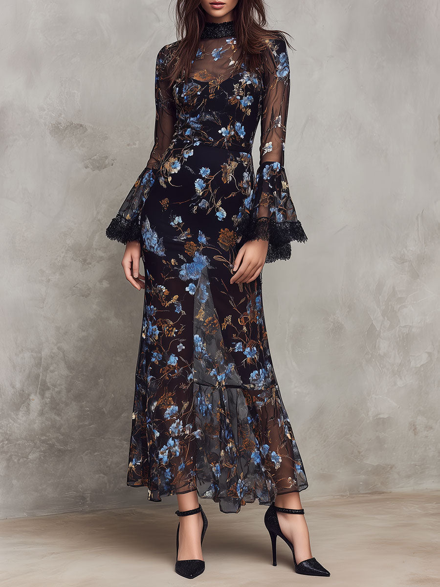 Black Floral Sheer Maxi Dress ¨C Lace-Trimmed Bell Sleeves & High Neck