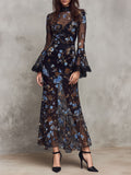 Black Floral Sheer Maxi Dress ¨C Lace-Trimmed Bell Sleeves & High Neck