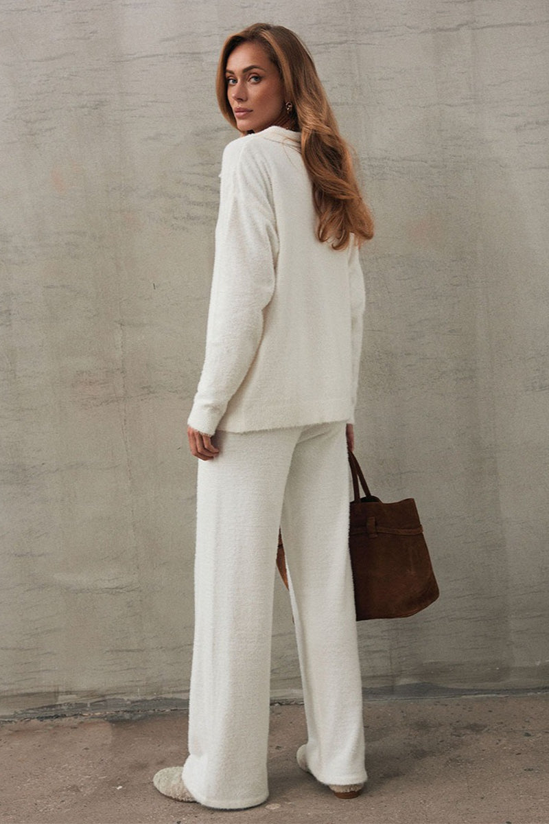 Faux Fur Polo Sweater Wide Leg Pants Set