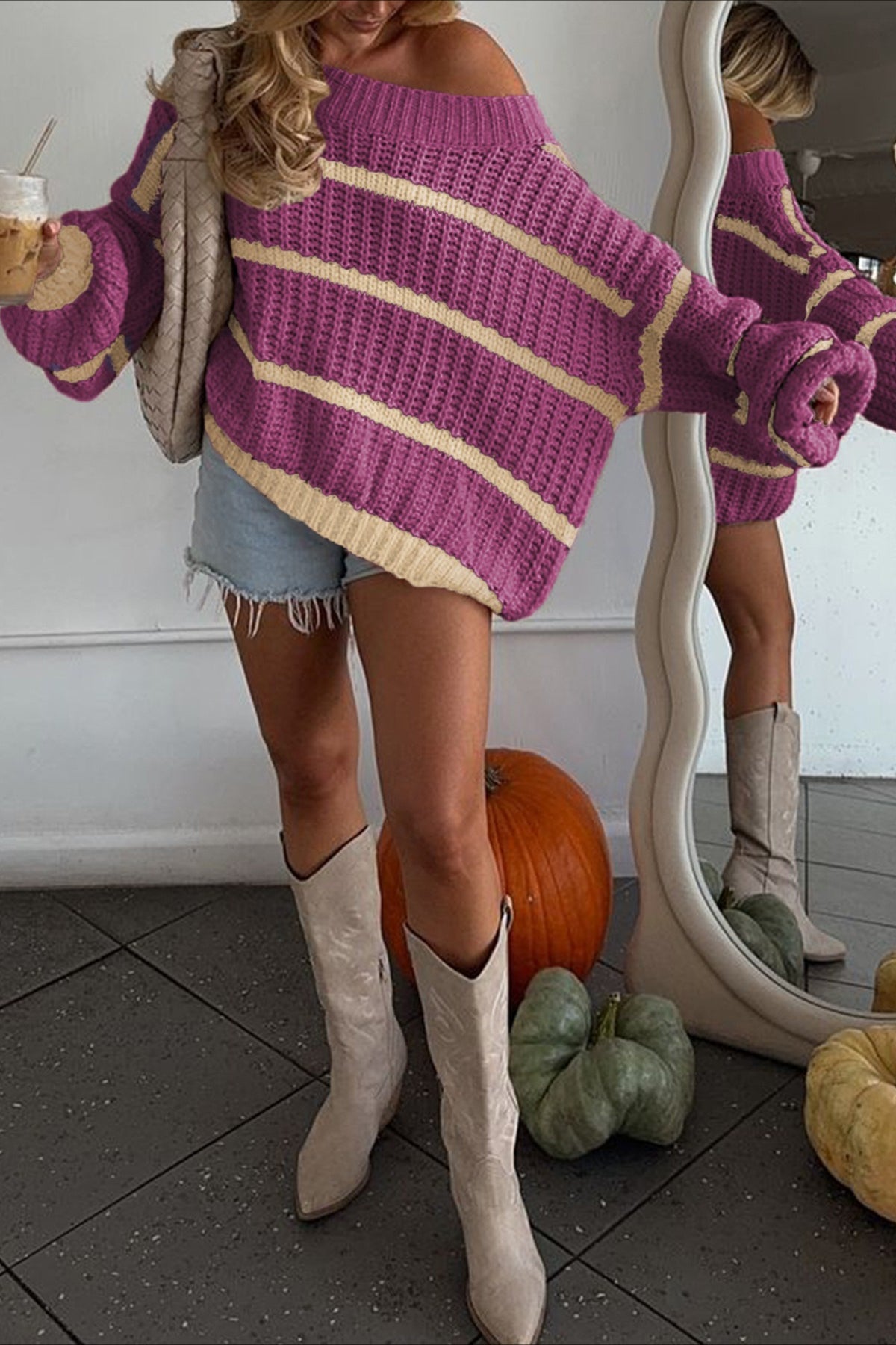Contrast Stripe Asymmetric Neck Sweater