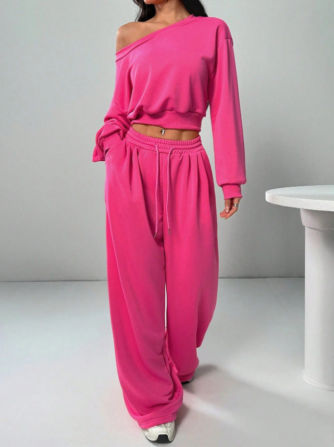 Fashion Slim-fit Off-the-shoulder Navel Solid Color Casual Pants Suit