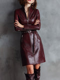 Chic Burgundy Eco Leather Zipper Front Belted Midi Dress