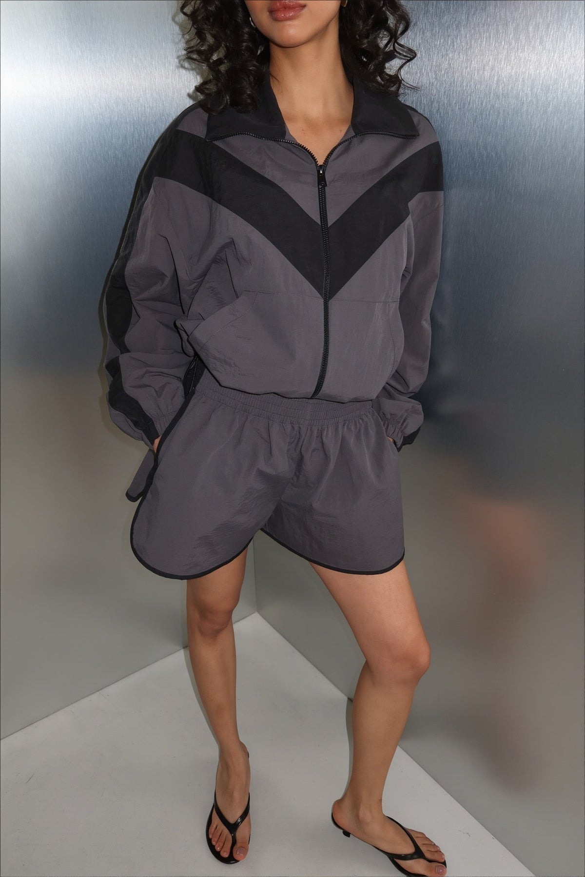 Color Block Windbreaker and Runner Shorts Set