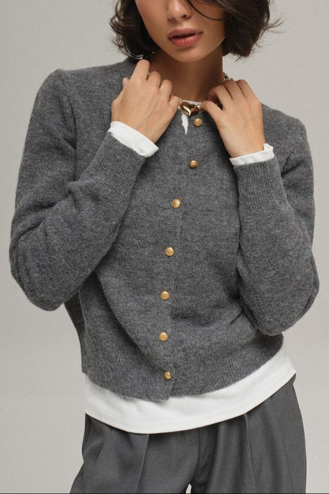Minimalist Knitted Gold Buckle Crew Neck Cardigan