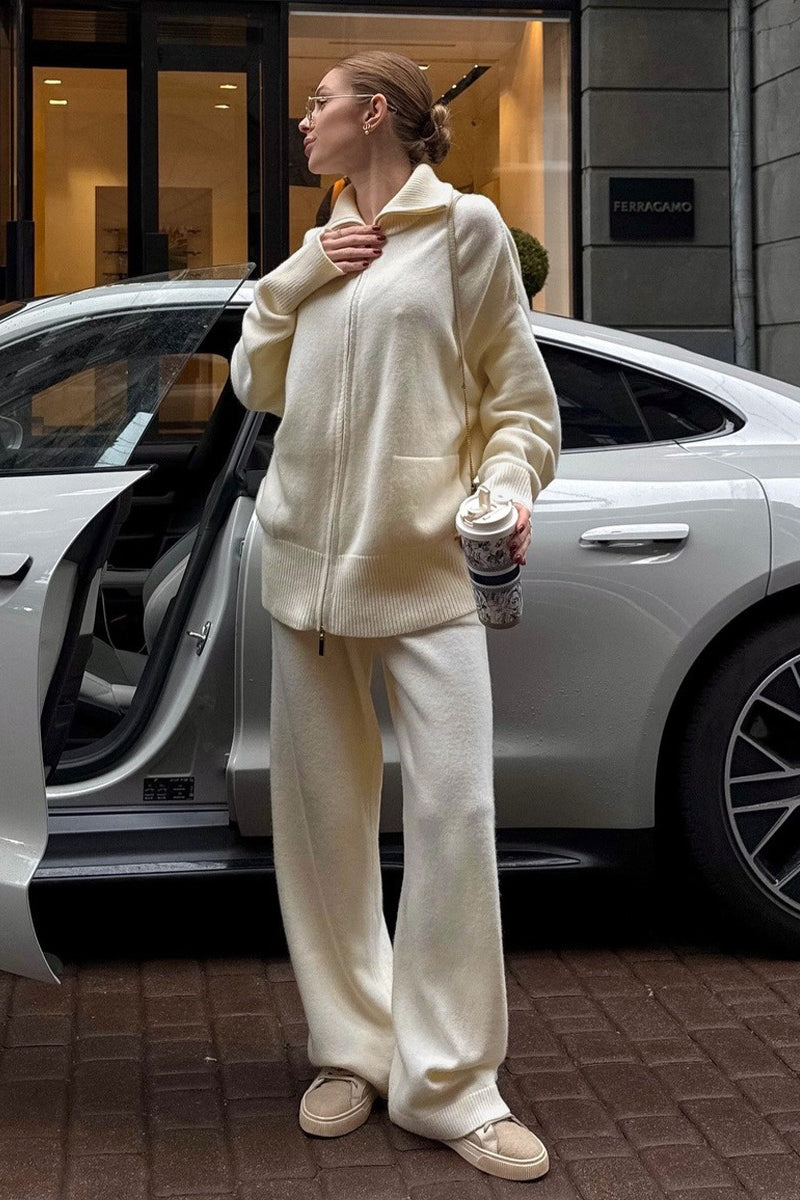 Double Zip Polo Knit Wide Leg Pants Set