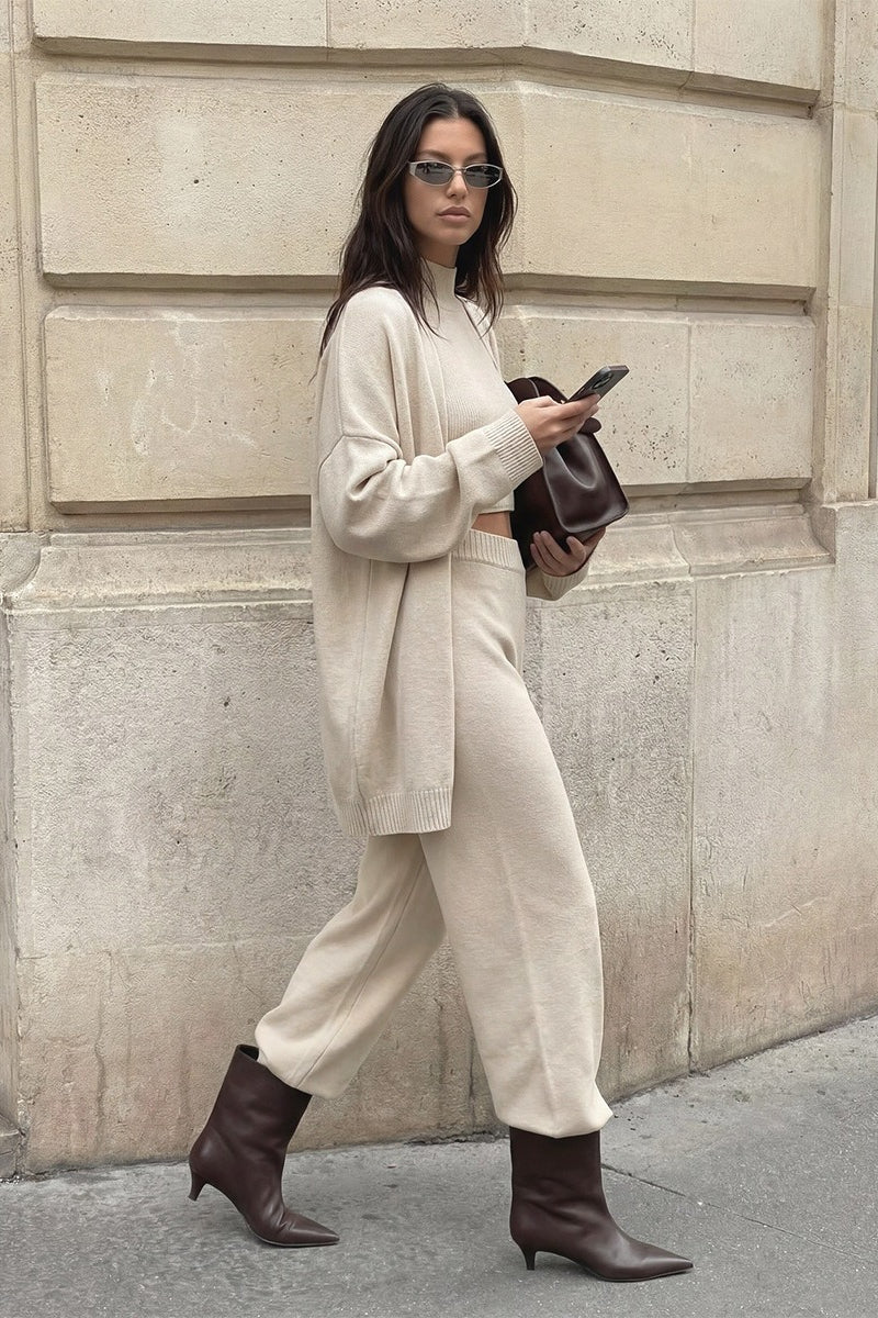 Cardigan Camisole Wide Leg Pants Knit Set