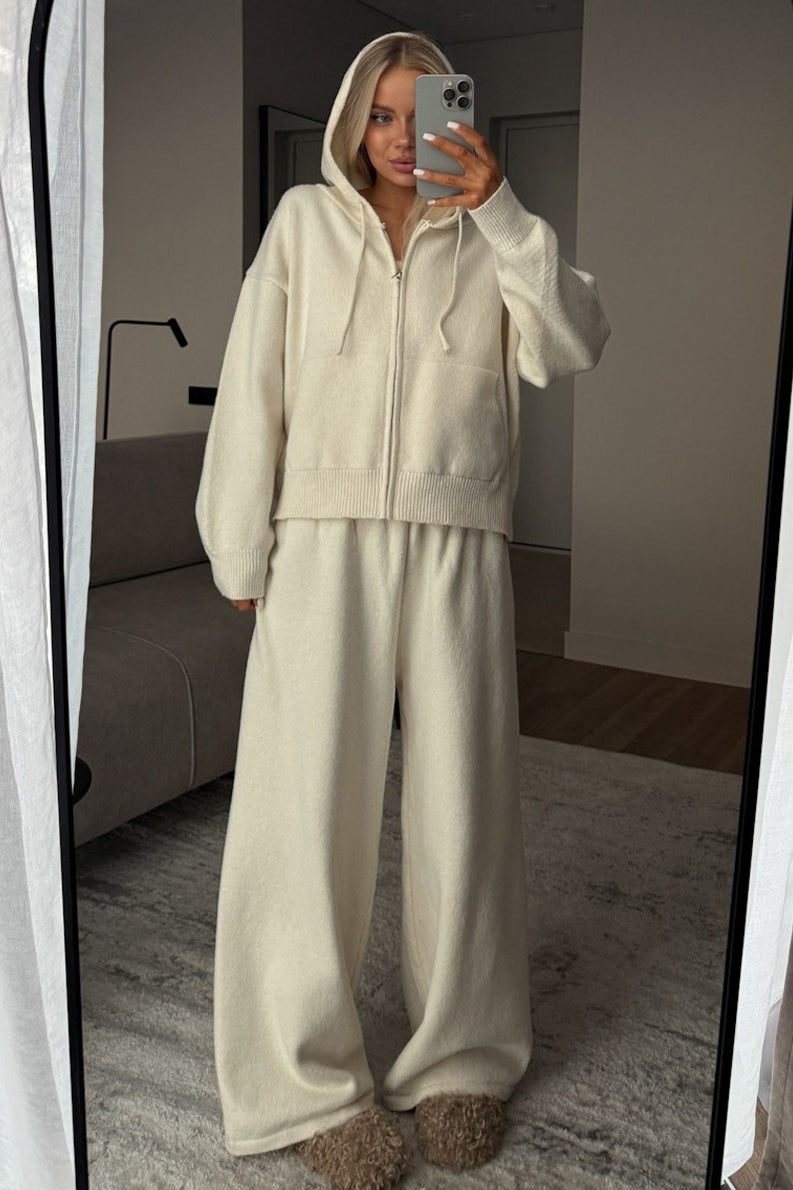 Hooded Zip Knit Top Wide Leg Pants Set