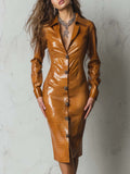 Retro Modern Caramel Eco-Croco Embossed Leather Shirt Dress