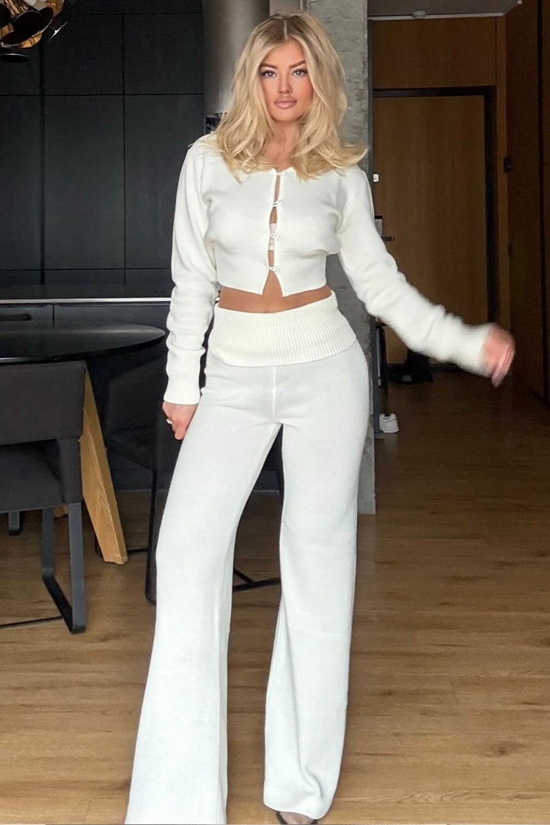 Cropped Knit Cardigan Wide Leg Pants Set