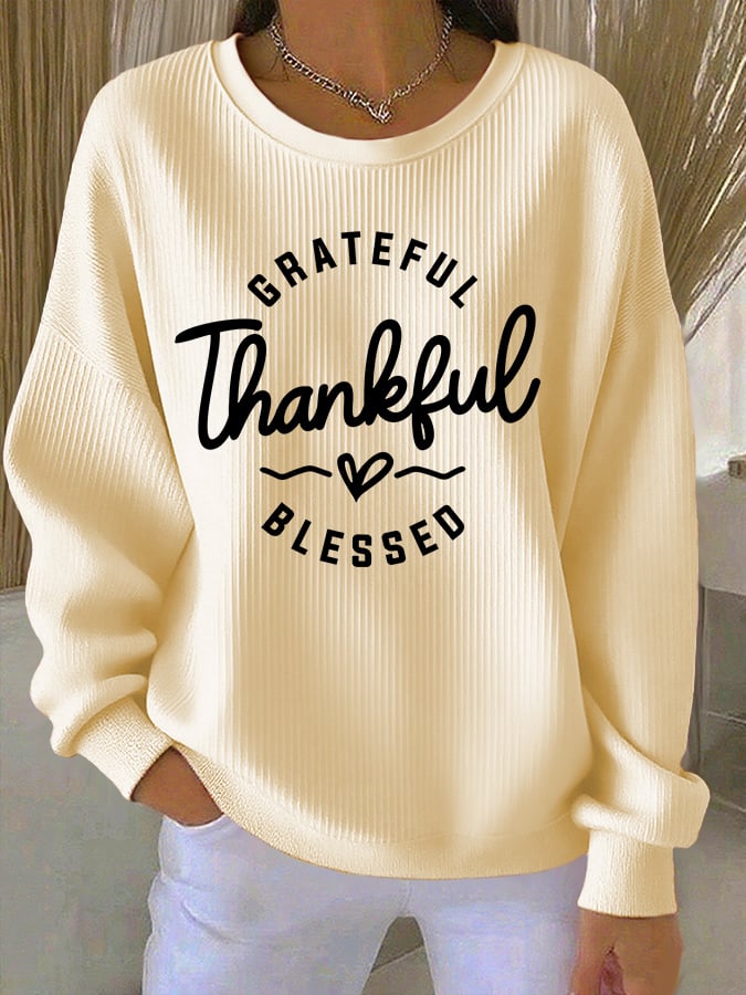 Women's Casual Vintage Grateful Thankful Blessed Textured Sweatshirt