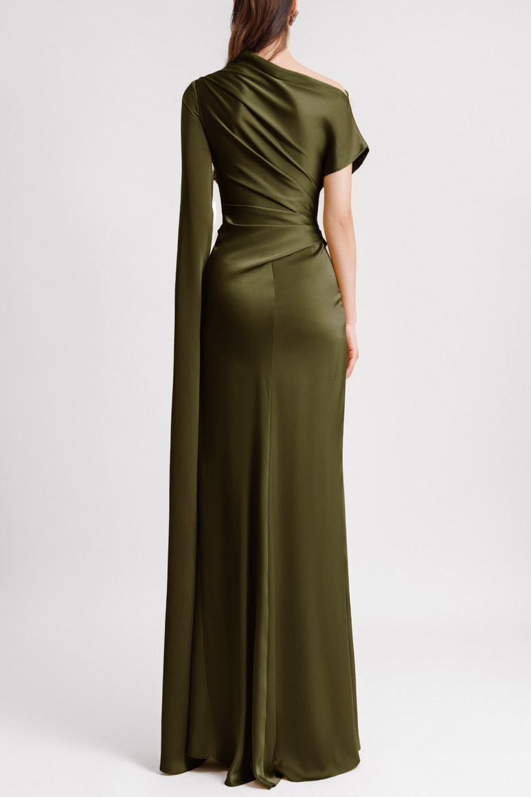 Asymmetrical Neckline Draped Olive Dress