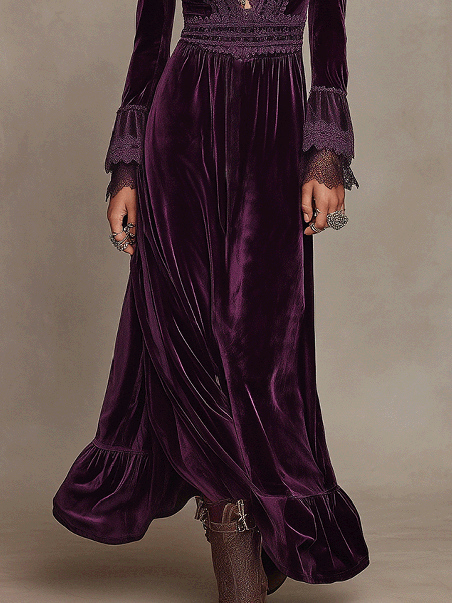 Elegance Boho Velvet Deep-V  Lace Bohemian Maxi Dress