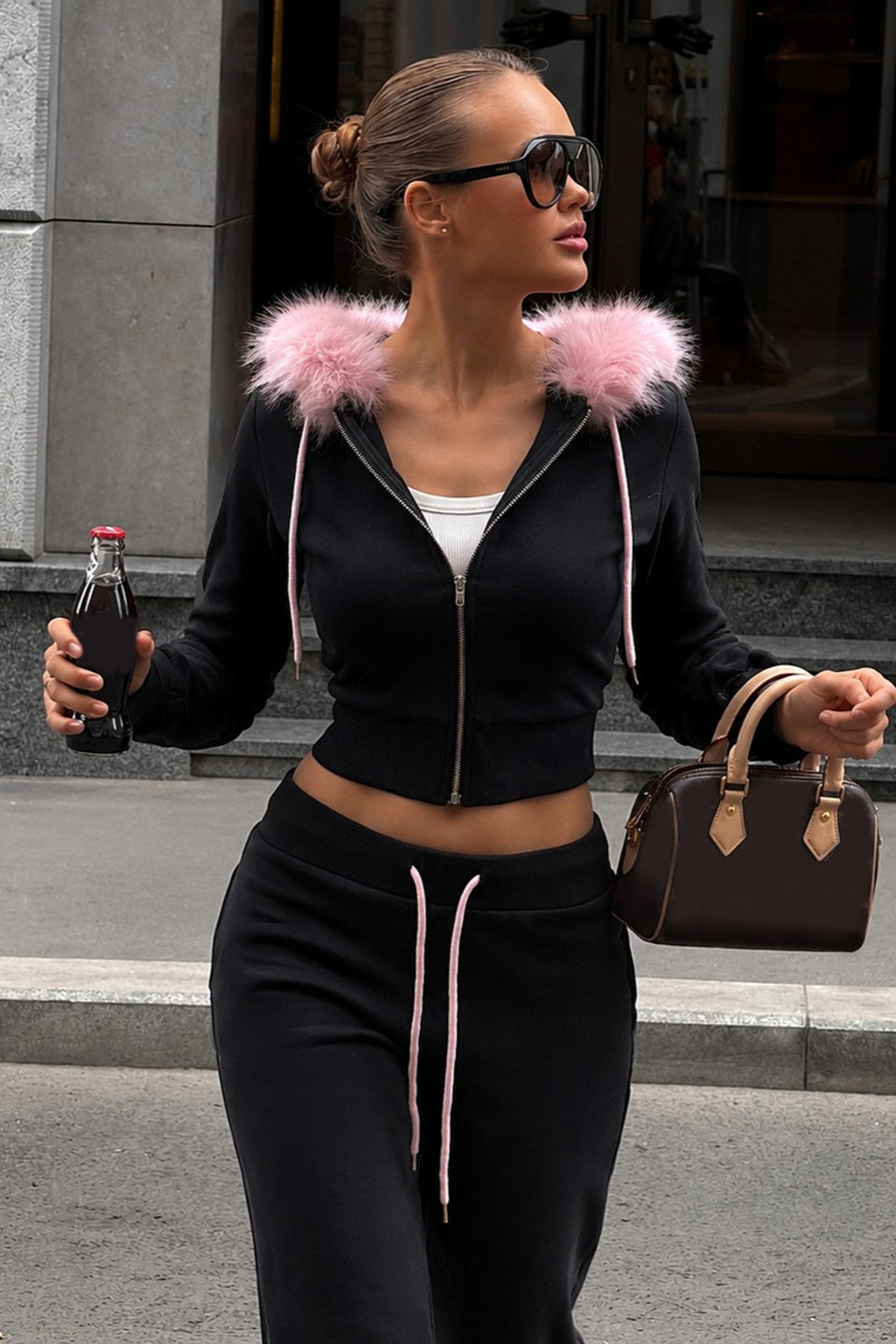 Faux Fur Hood Zip Hoodie and Flare Pants Set