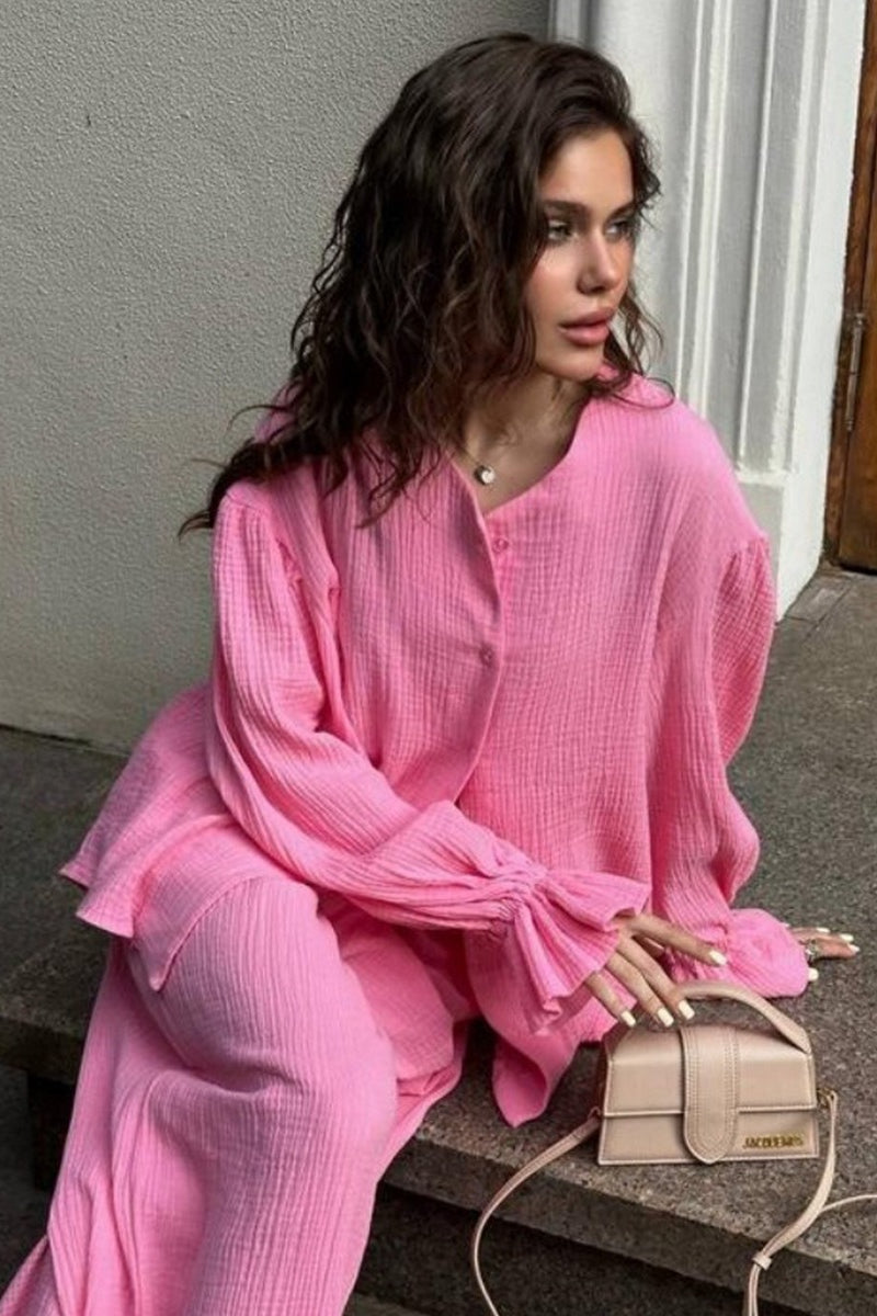Balloon Sleeve Cotton Cardigan Wide Leg Pants Set
