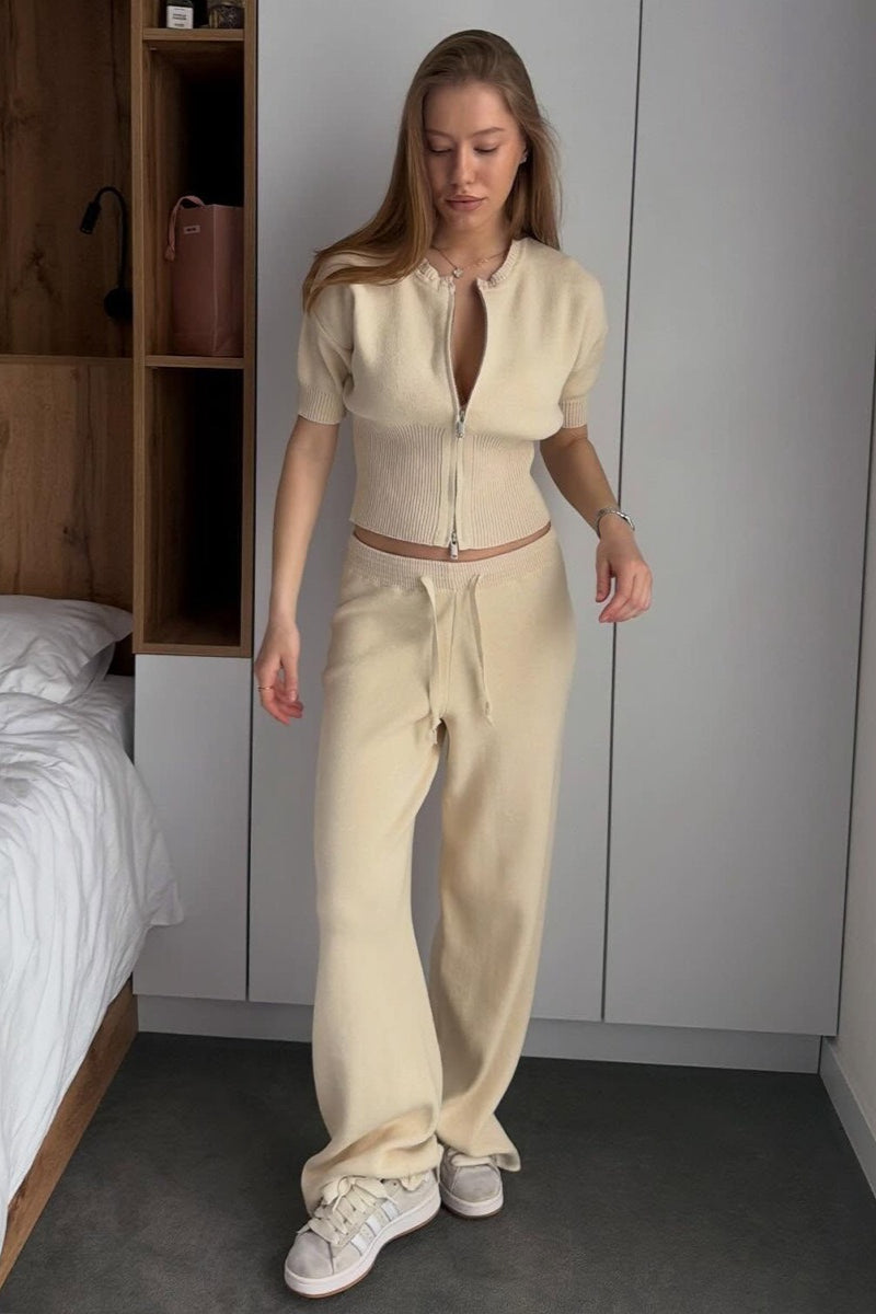 Cropped Zip Knit Top Wide Leg Pants Set