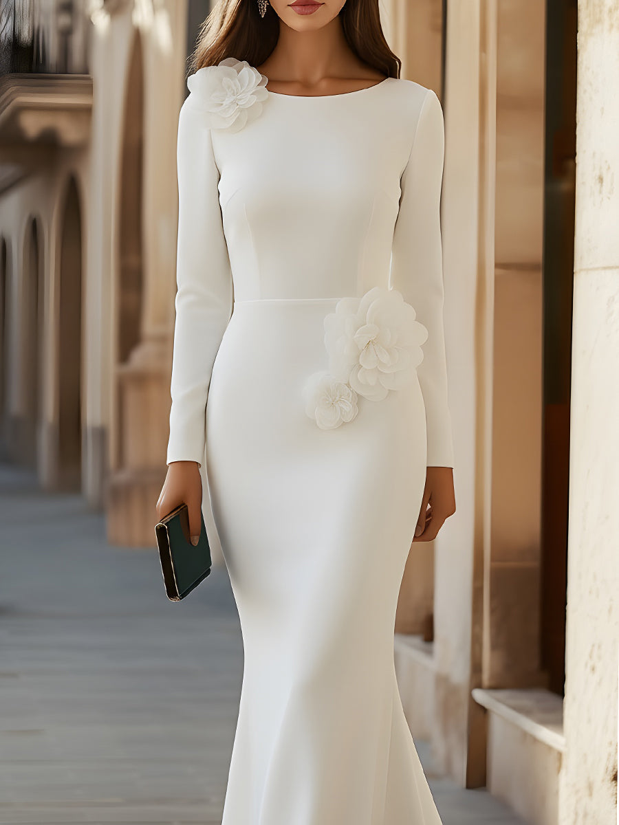 Sculpted Floral-Accent Long Sleeve Gown