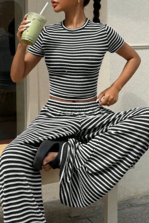 Striped Fitted Top Wide Leg Pants Set