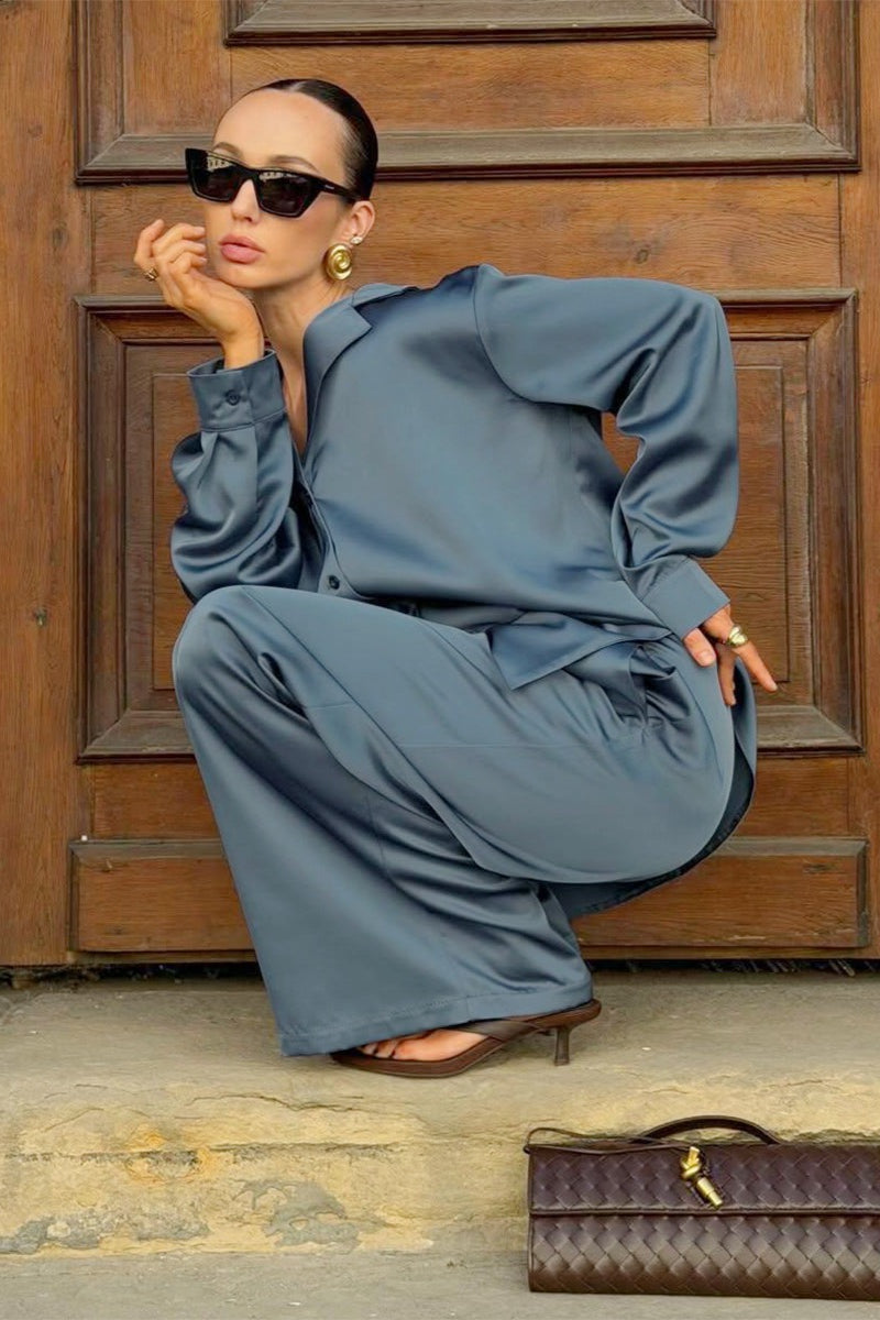 Satin Shirt Wide Leg Pants Lounge Set