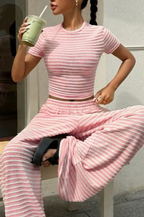 Striped Fitted Top Wide Leg Pants Set