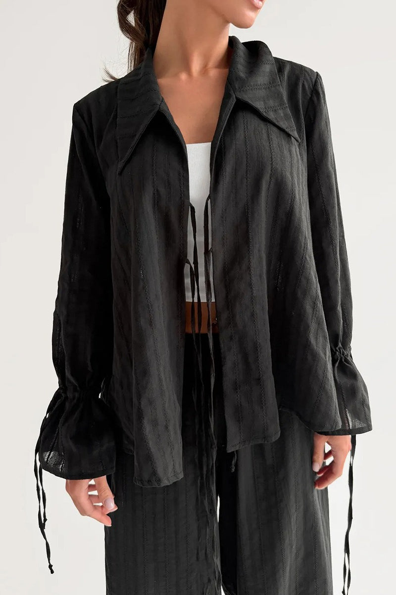 Collared Tie Front Sheer Shirt Pants Set
