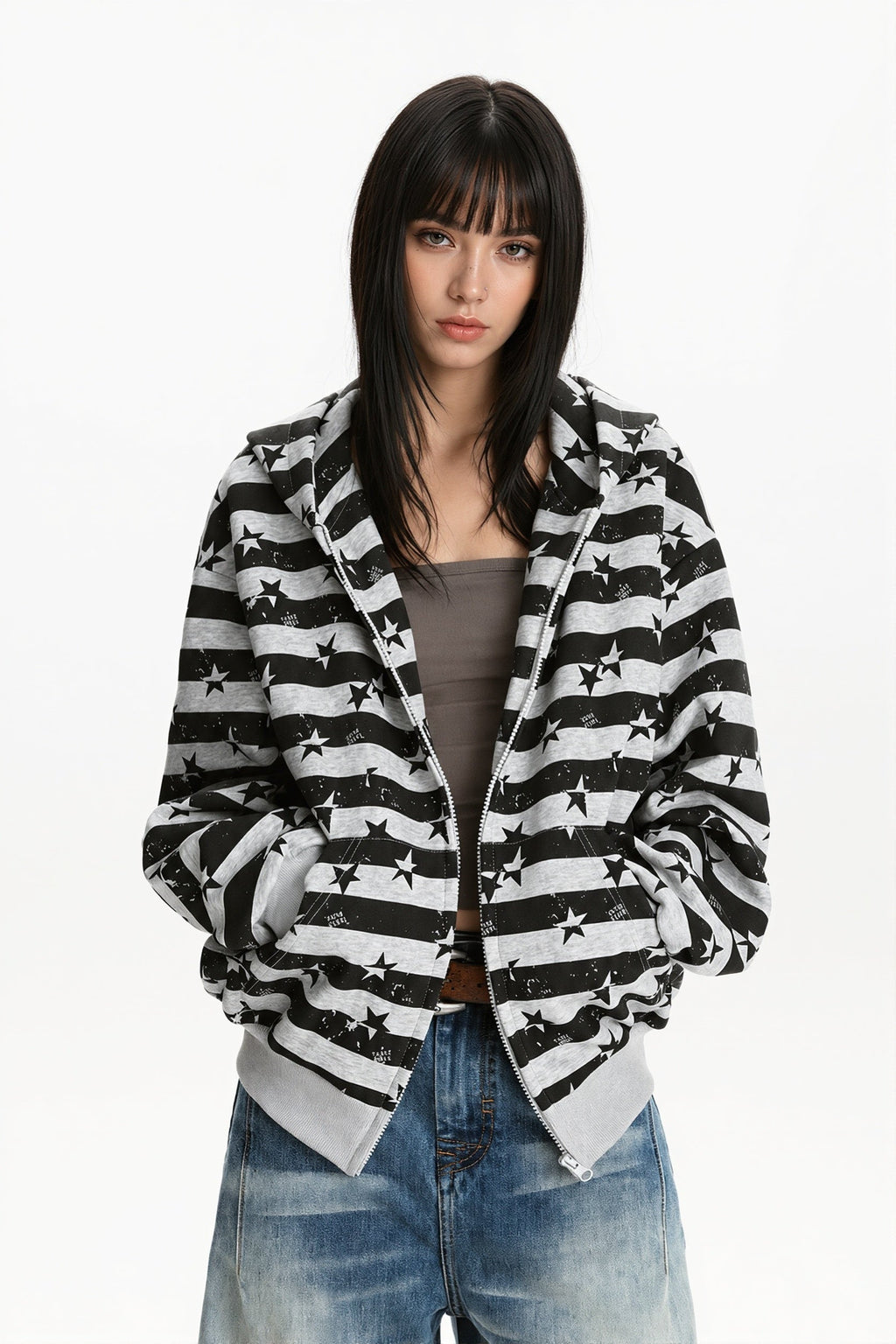 Striped Star Print Zip Hoodie