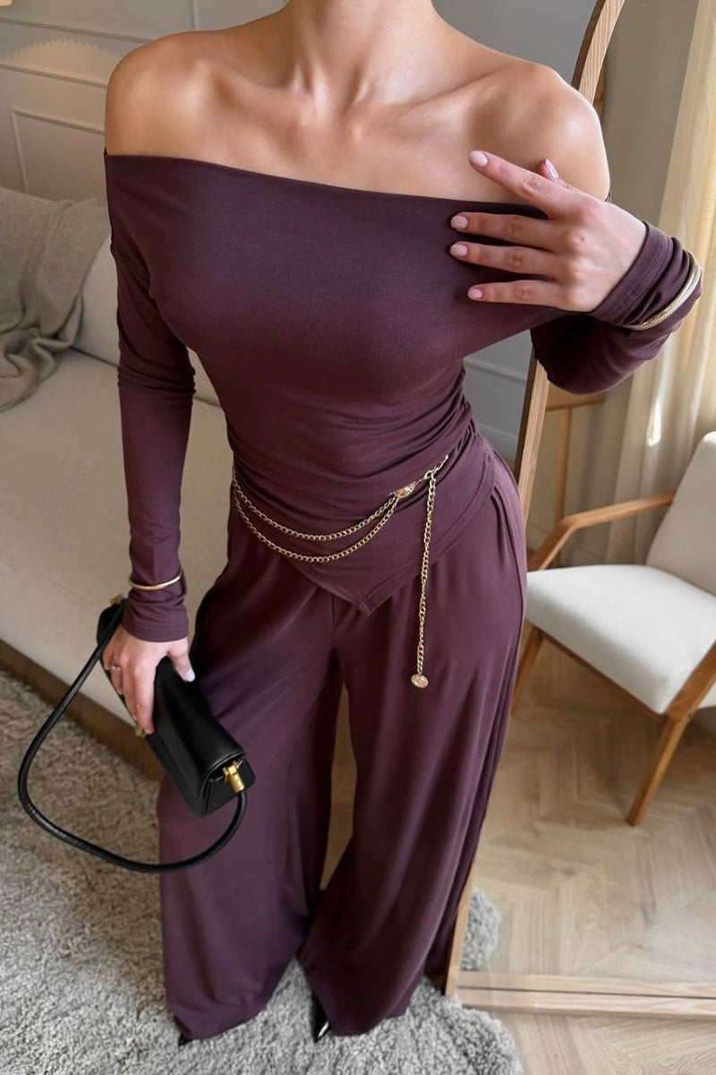 Off Shoulder Knit Top Wide Leg Pants Set