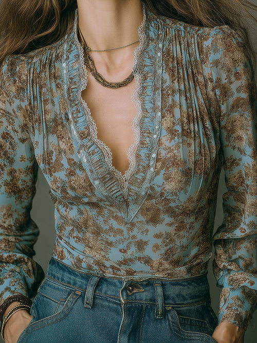 Bohemian Floral Chiffon Blouse With Lace Trim