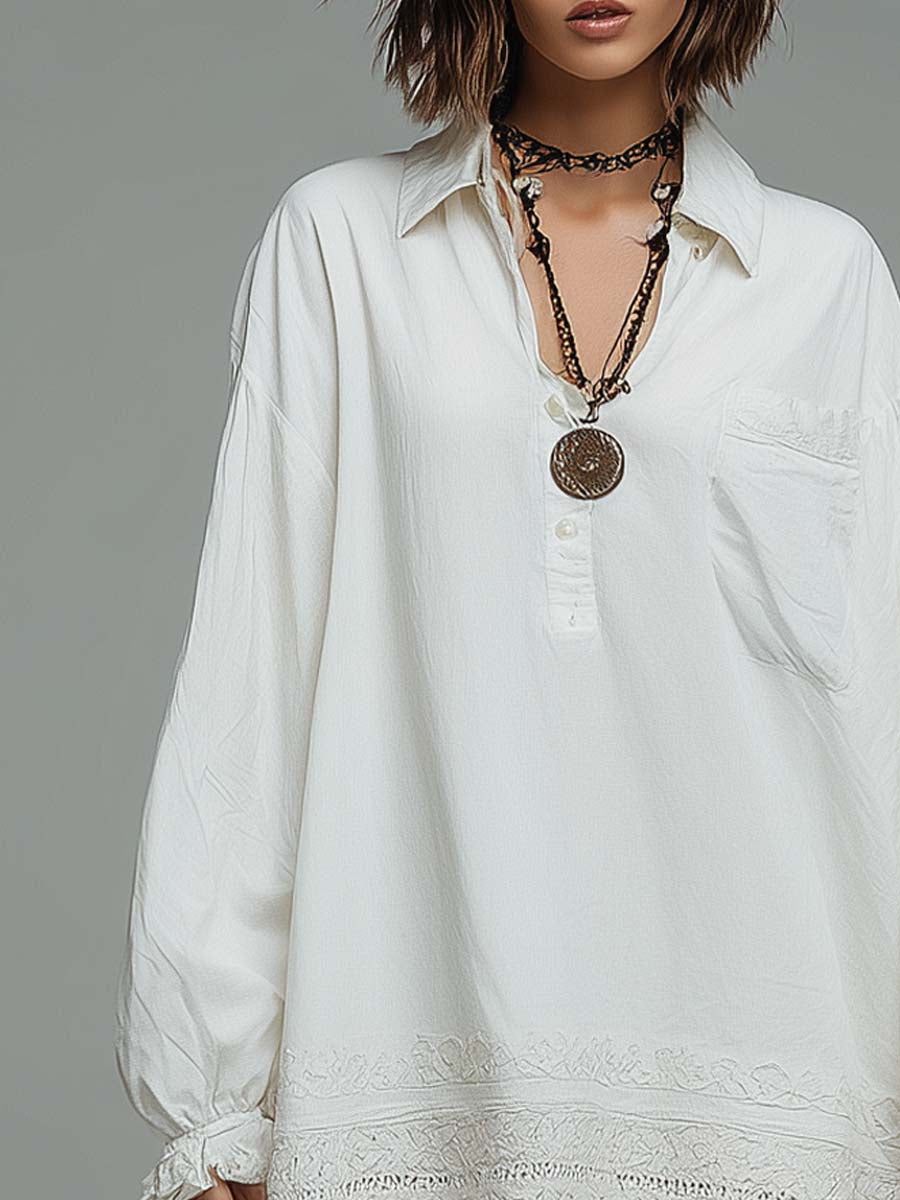 Retro Oversized Shirt Wide Lace Hem Mini Dress