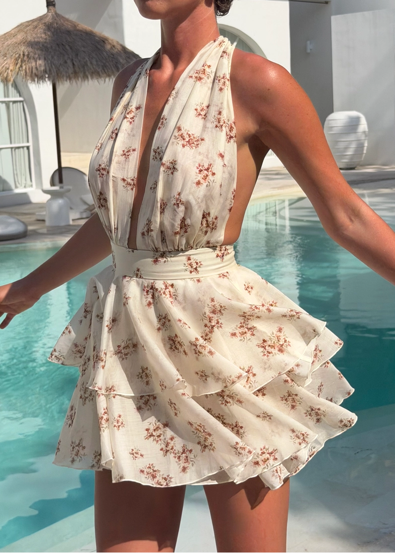 Floral Halter Tiered Ruffle Mini Dress