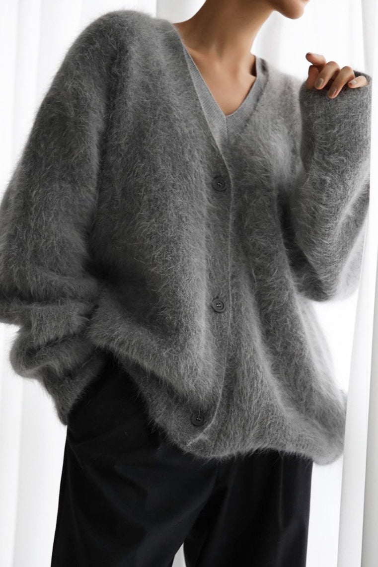 Plush V Neck Relaxed Button Knit Cardigan