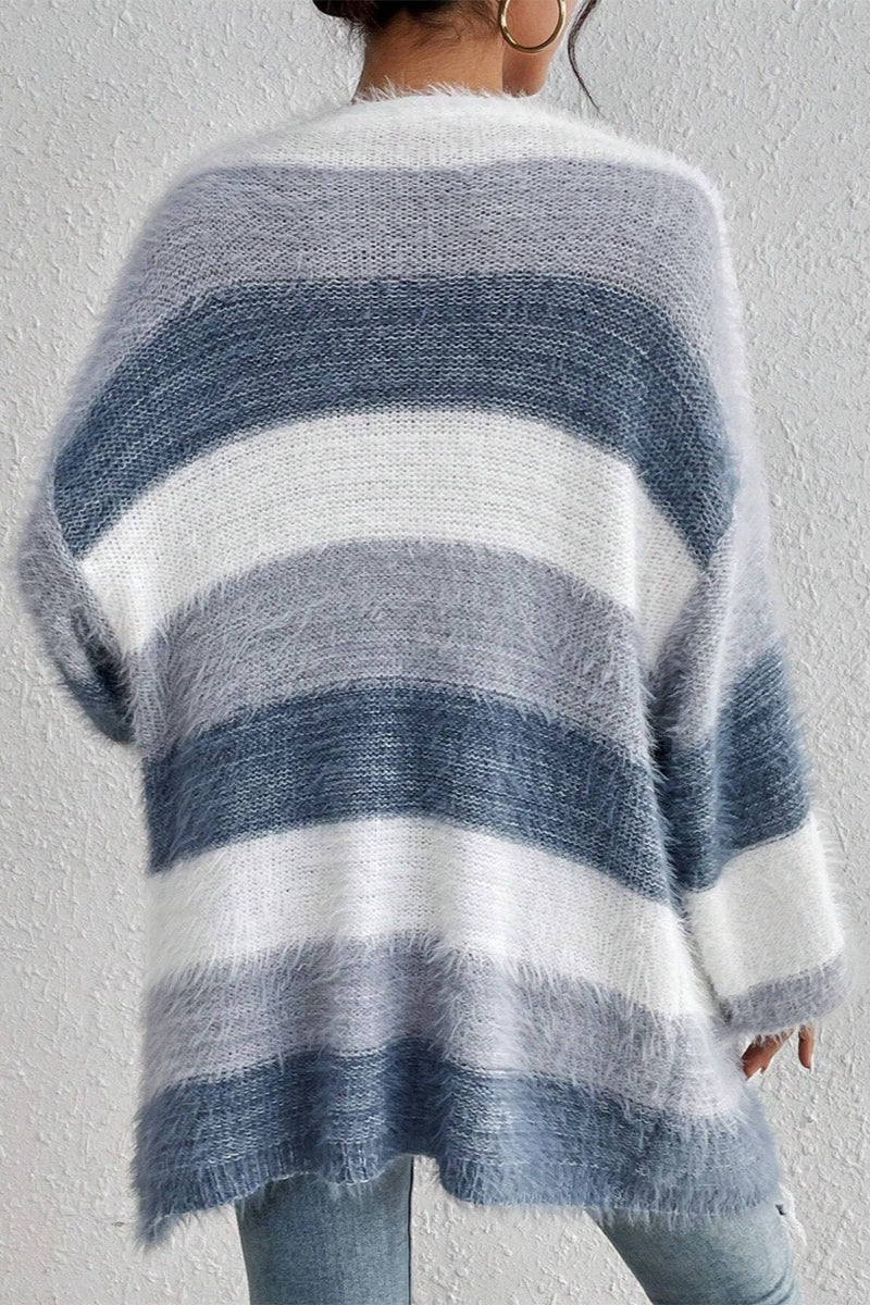 Fuzzy Stripe Longline Open Front Cardigan