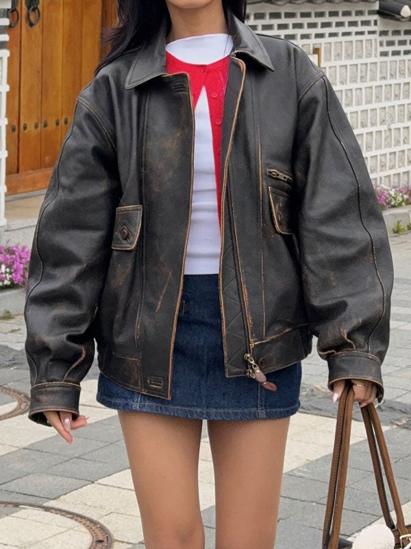 Lapel neck faux leather jacket